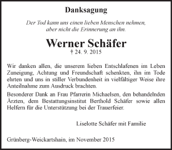 Traueranzeige von Werner Schäfer von  Gießener Anzeiger