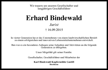 Traueranzeige von Erhard Bindewald von  Bad Kreuznach
