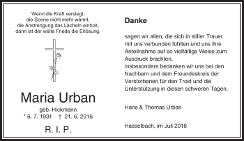 Traueranzeige von Maria Urban von  Camberger Anzeiger