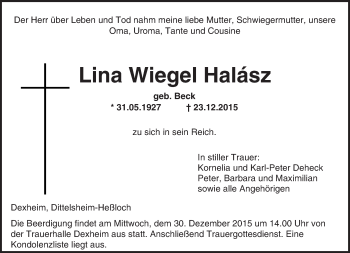Traueranzeige von Lina Wiegel Halász von  Landskrone
