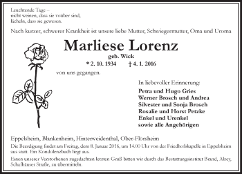 Traueranzeige von Marliese Lorenz von  Allgemeine Zeitung Alzey