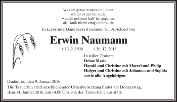 Traueranzeige von Erwin Naumann von  Kreisanzeiger