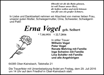 Traueranzeige von Erna Vogel von Trauerportal Echo Online