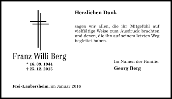 Traueranzeige von Franz Willi Berg von  Allg. Zeitung Bad Kreuznach