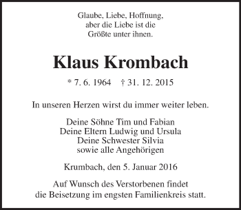 Traueranzeige von Klaus Krombach von  Gießener Anzeiger