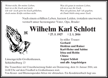 Traueranzeige von Wilhelm Karl Schlott von  GT Extra
