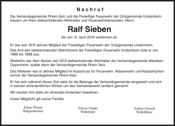 Traueranzeige von Ralf Sieben von  Landskrone