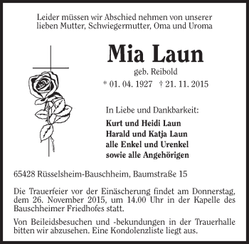 Traueranzeige von Mia Laun von  Mainspitze
