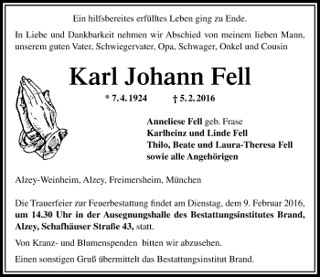 Traueranzeige von Karl Johann Fell von  Allgemeine Zeitung Alzey