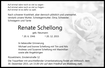 Traueranzeige von Renate Schellong von  Mainspitze