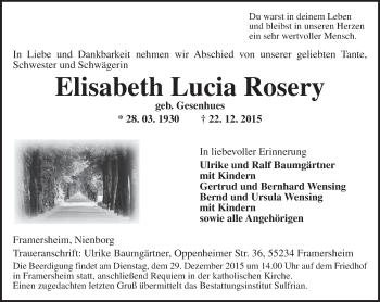 Traueranzeige von Elisabeth Lucia Rosery von  Allgemeine Zeitung Alzey