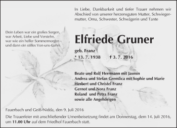 Traueranzeige von Elfriede Gruner von  Kreisanzeiger