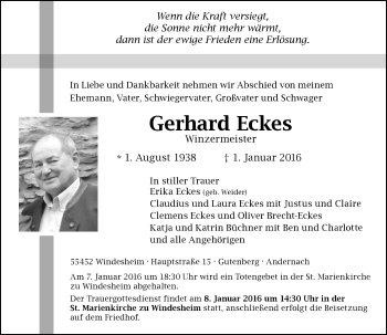 Traueranzeige von Gerhard Eckes von  Allg. Zeitung Bad Kreuznach