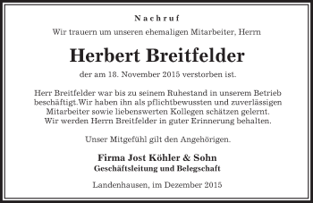 Traueranzeige von Herbert Breitfelder von VRM Trauer
