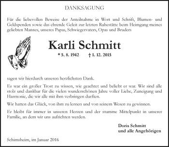 Traueranzeige von Karli Schmitt von  Allgemeine Zeitung Alzey