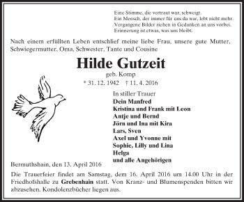 Traueranzeige von Hilde Gutzeit von VRM Trauer