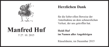 Traueranzeige von Manfred Huf von  Mainspitze