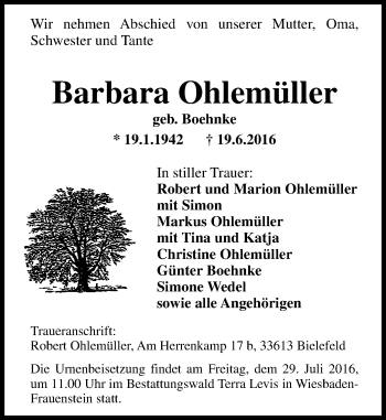 Traueranzeige von Barbara Ohlemüller von Trauerportal Echo Online