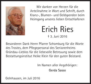 Traueranzeige von Erich Ries von  Gelnhäuser Tageblatt