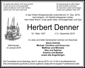 Traueranzeige von Herbert Denner von  GT Extra