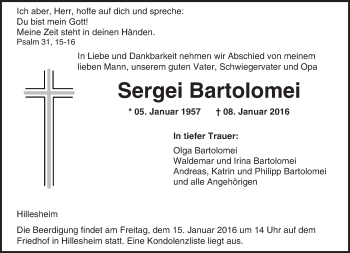 Traueranzeige von Sergei Bartolomei von  Landskrone