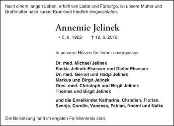 Traueranzeige von Annemie Jelinek von Trauerportal Echo Online