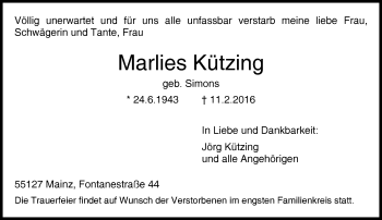 Traueranzeige von Marlies Kützing von  Allgemeine Zeitung Mainz