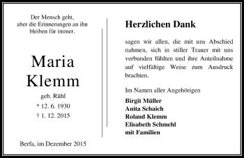 Traueranzeige von Maria Klemm von  OK Oberhessen Kurier