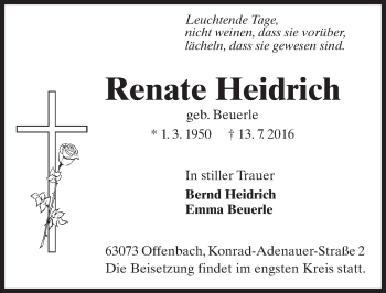 Traueranzeige von Renate Heidrich von Trauerportal Rhein Main Presse