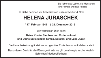 Traueranzeige von Helena Juraschek von  Hofheimer Zeitung