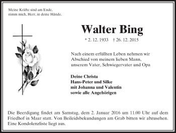 Traueranzeige von Walter Bing von VRM Trauer