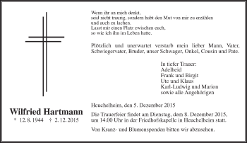 Traueranzeige von Wilfried Hartmann von  Gießener Anzeiger