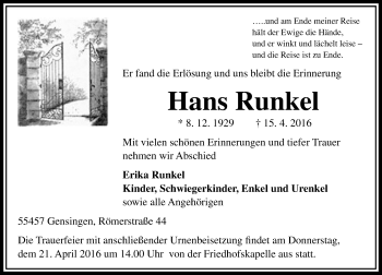 Traueranzeige von Hans Runkel von  Allgemeine  Zeitung Ingelheim-Bingen