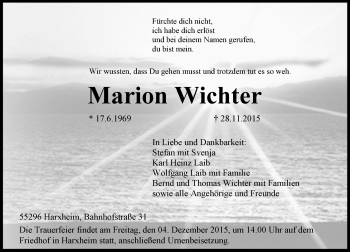 Traueranzeige von Marion Wichter von  Allgemeine Zeitung Mainz