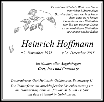 Traueranzeige von Heinrich Hoffmann von  GT am Sonntag
