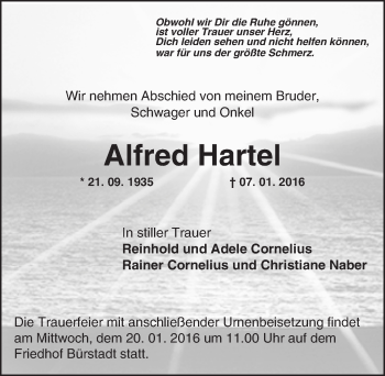 Traueranzeige von Alfred Hartel von  Bürstädter Zeitung