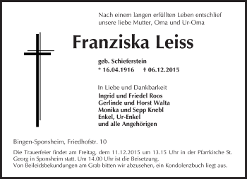 Traueranzeige von Franziska Leiss von  Allgemeine  Zeitung Ingelheim-Bingen