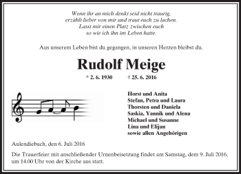 Traueranzeige von Rudolf Meige von  Kreisanzeiger