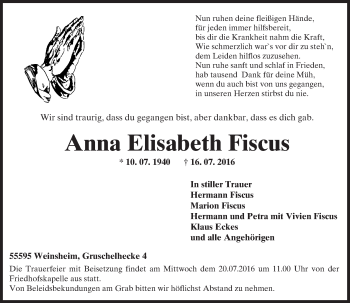 Traueranzeige von Anna Elisabeth Fiscus von Trauerportal Rhein Main Presse