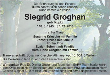 Traueranzeige von Siegrid Groghan von  Allg. Zeitung Bad Kreuznach