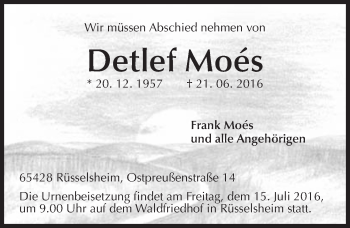 Traueranzeige von Detlef Moes von Trauerportal Rhein Main Presse