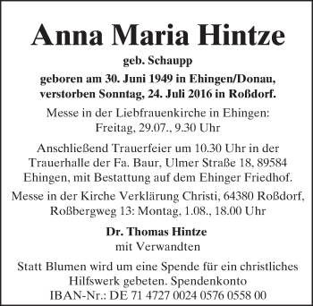 Traueranzeige von Anna Maria Hintze von Trauerportal Echo Online