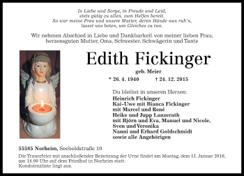 Traueranzeige von Edith Fickinger von  Allg. Zeitung Bad Kreuznach
