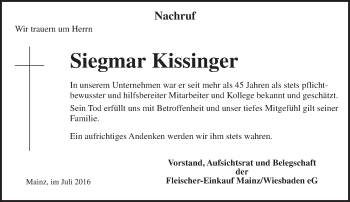 Traueranzeige von Siegmar Kissinger von Trauerportal Rhein Main Presse