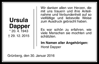 Traueranzeige von Ursula Dapper von  Gießener Anzeiger