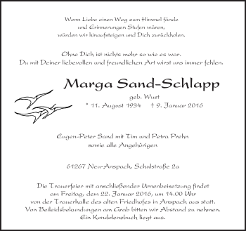 Traueranzeige von Marga Sand-Schlapp von  Usinger Anzeiger