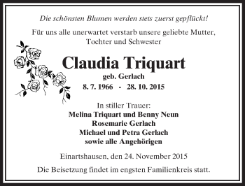 Traueranzeige von Claudia Triquart von  Kreisanzeiger Traueranzeige von Claudia Triquart von  Kreisanzeiger