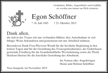 Traueranzeige von Egon Schöffner von  Usinger Anzeiger