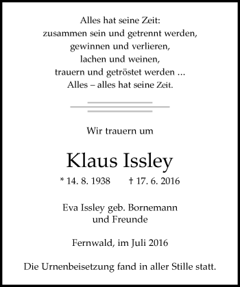 Traueranzeige von Klaus Issley von  Gießener Anzeiger