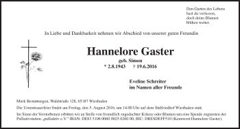 Traueranzeige von Hannelore Gaster von Trauerportal Rhein Main Presse